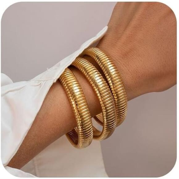 Set of 3 Gold Chunky Stretch Bangles for Women - 24K Gold Plated Bracelets - Picture 2 of 8